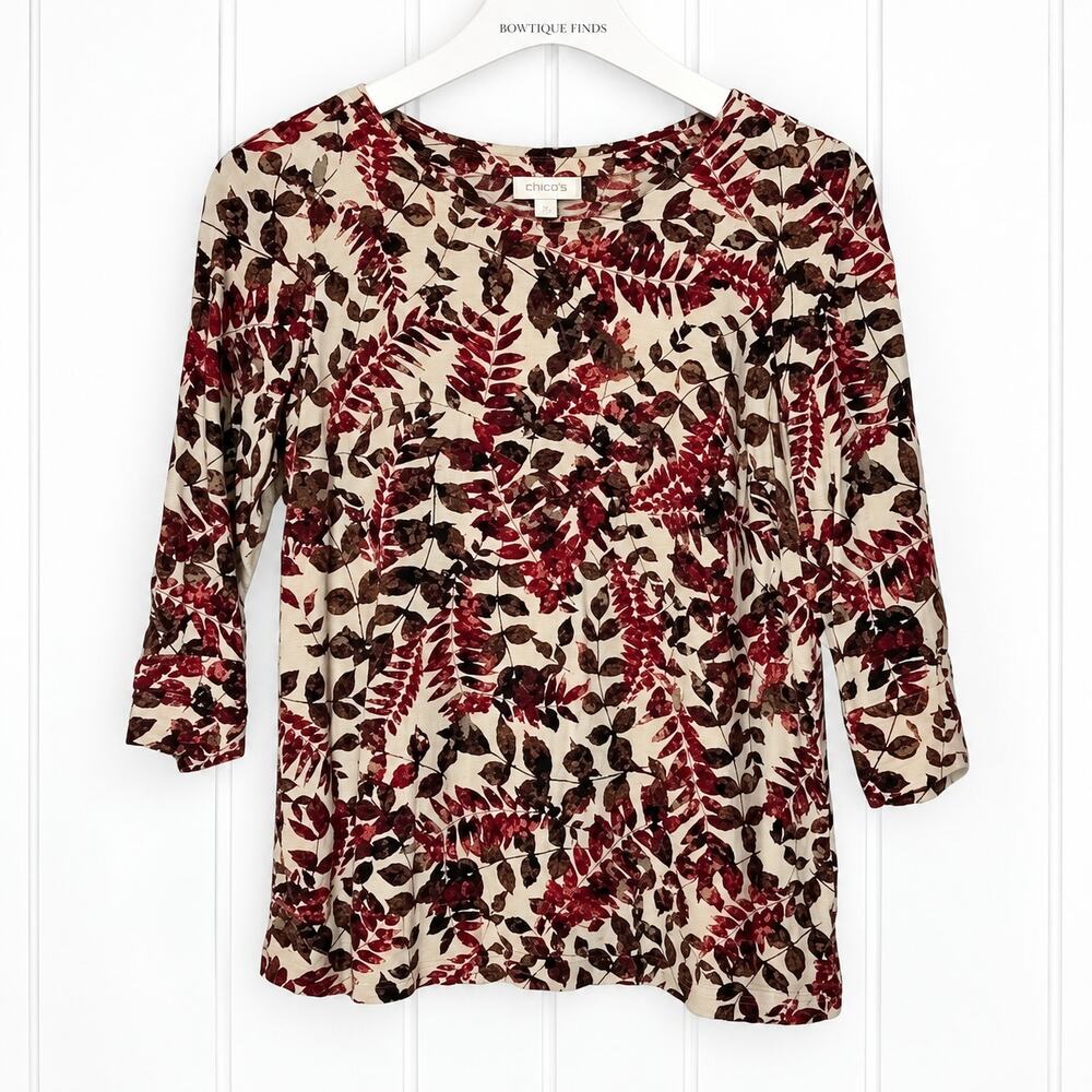 J Jill Blouse Womens XS 100% Rayon Leaf Print 3/4 Sleeve Button Back Fall